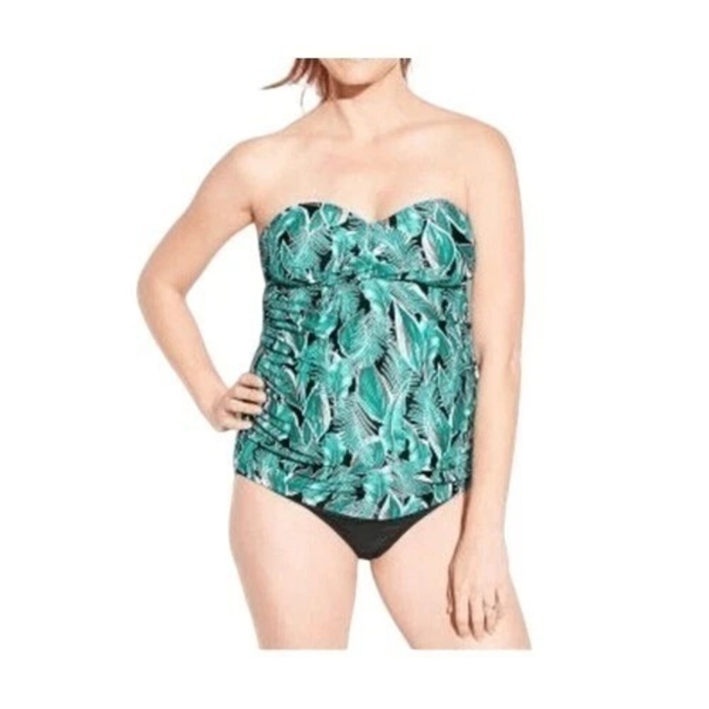 Isabel Maternity Tankini Top Multicolor w/ Palm Leaf Print & Black bottoms Large